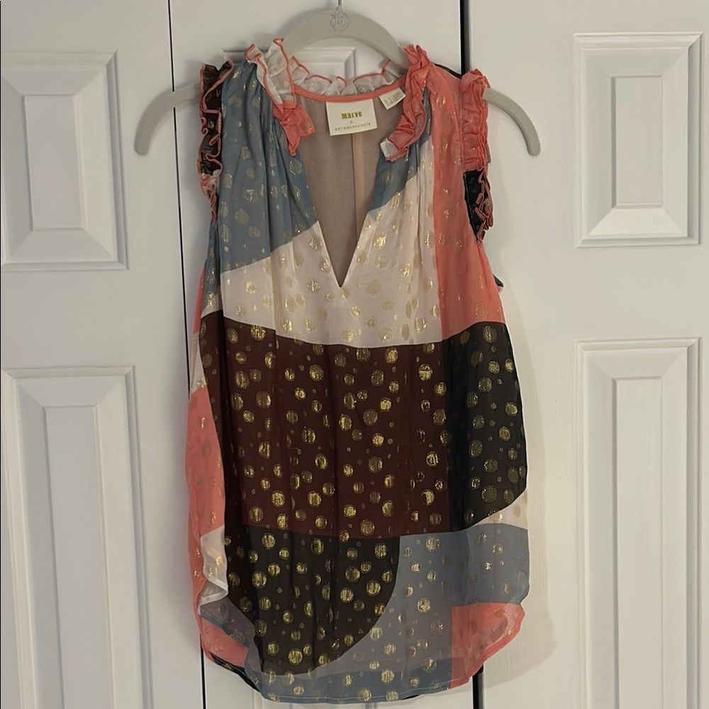Maeve by Anthropologie Pink and Brown Graphic Ruffled Blouse